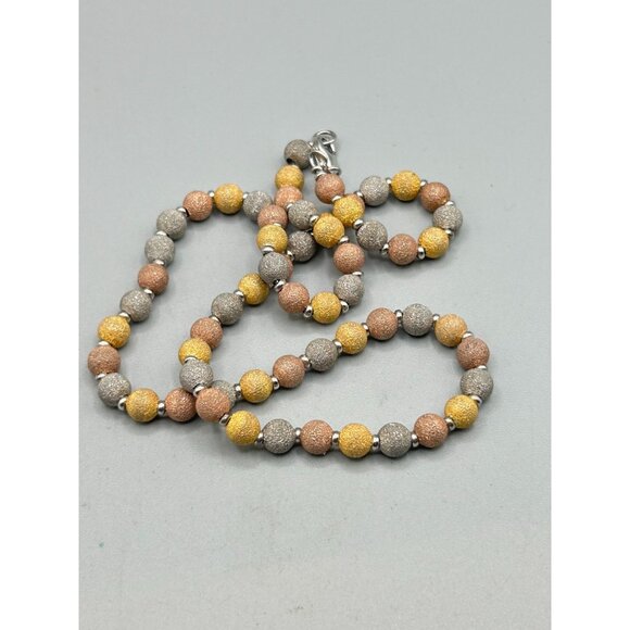 Tri Color Gold Over Sterling Silver Necklace Beaded Textured Silver 925 Classic - Picture 2 of 6